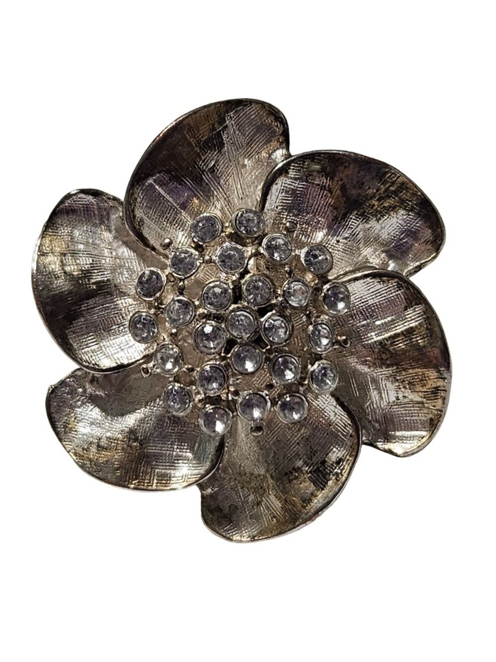 Vintage Oversized Flower Ring Rhinestone Silver Tone Stretch Statement Cocktail